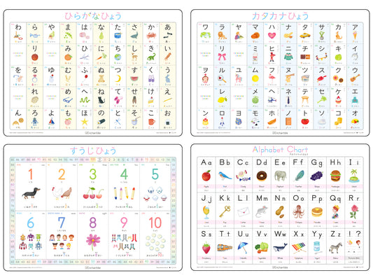 学習ポスター4枚セット【ひらがな|カタカナ|すうじ|アルファベット】 A3・角丸・防水
